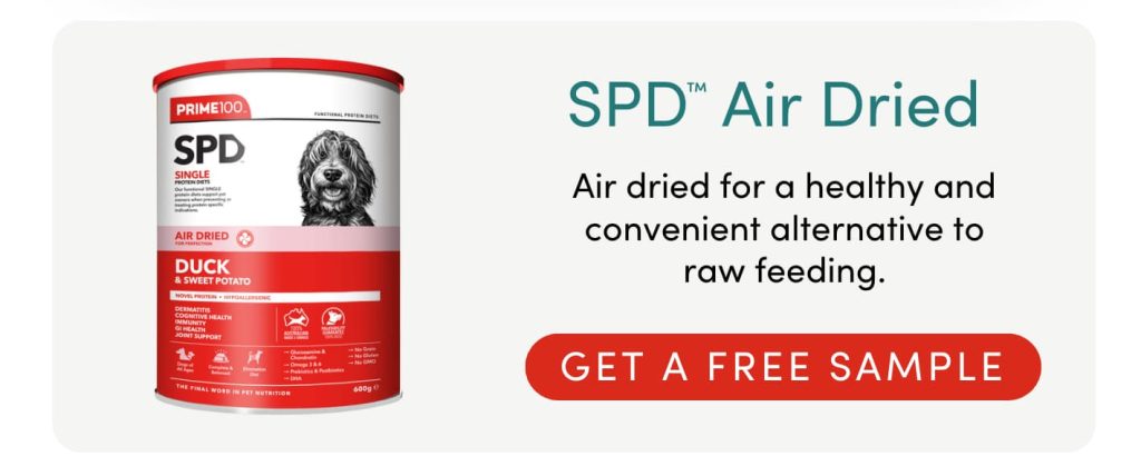 Get a Prime100 dog food sample of air dried single protein diet